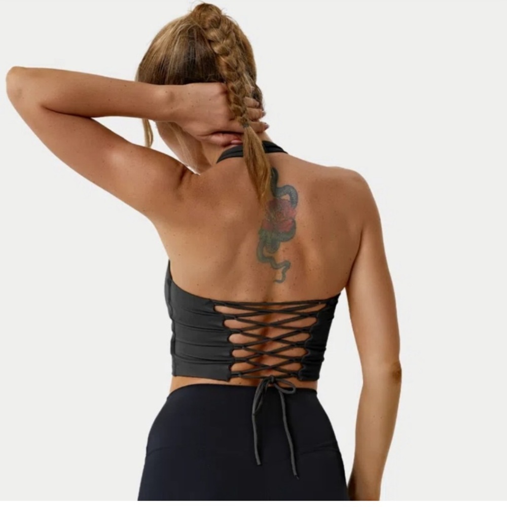 Halara Halter Backless Crisscross Lace Up Workout Cropped Tank Top